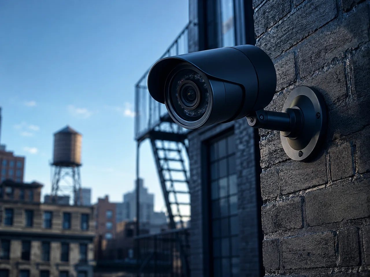 Outdoor security camera mounted on a Manhattan building exterior