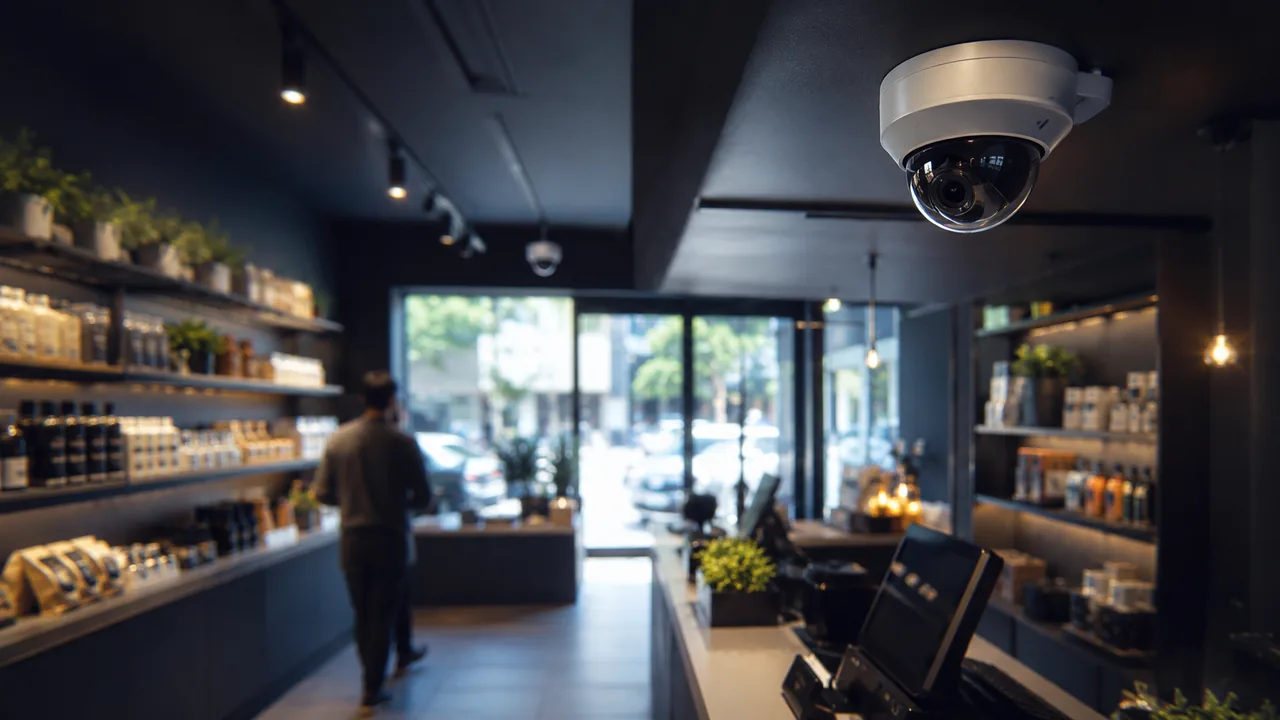 Retail storefront interior with multiple security cameras covering the register and aisles