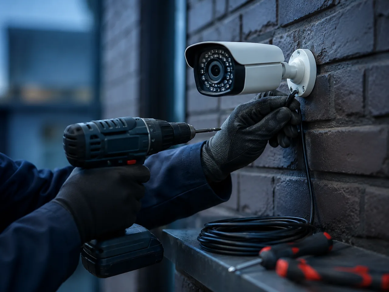 A SafeZone technician mounting and wiring a security camera during a professional install